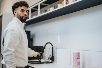 Naklejka na ściany i meble Stylish man in a modern kitchen enjoying a morning coffee.