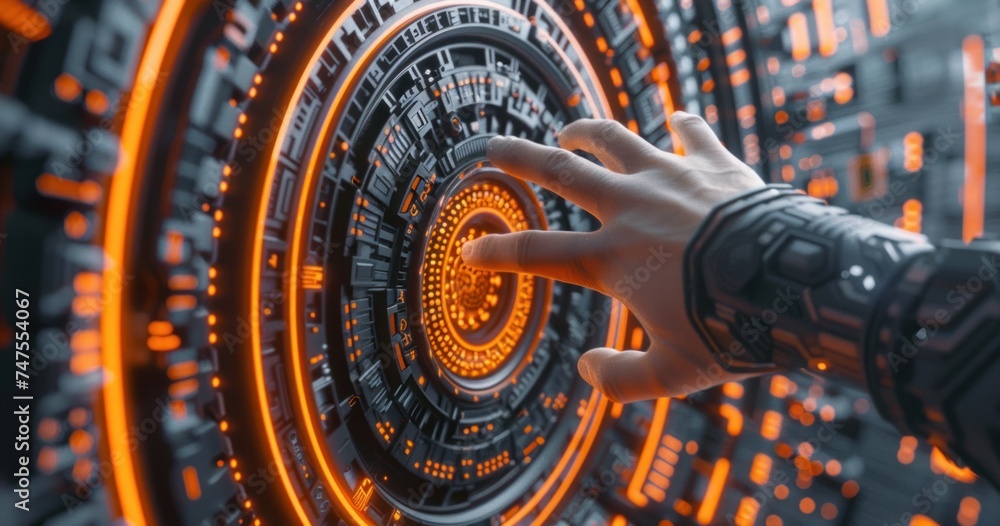 Poster the finger of a person pushing the computer on a circular screen