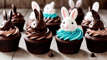 Easter chocolate cupcakes with bunny ears and chocolate eggs on white background