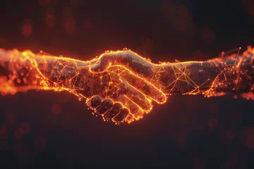 Rolgordijnen A glowing handshake between two people with a dark background © MagnusCort