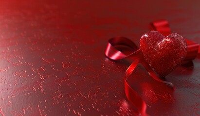 red and red heart on the red background with ribbon