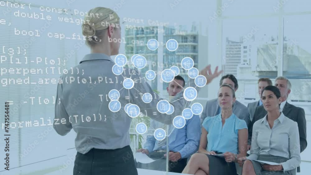 Aufkleber animation of media icons and data processing over caucasian colleagues discussing work at meeting
