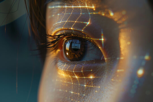 A close up of a woman 's eye with a grid on it