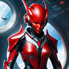 Meet Zara, the alien mercenary with striking red skin and a unique insect-like appearance. Standing before you in a medium shot, Zara exudes a sense of strength and mystery, with her glowing eyes and 