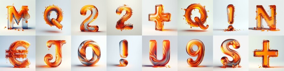 Orange glass 3D Lettering Typeface. AI generated illustration