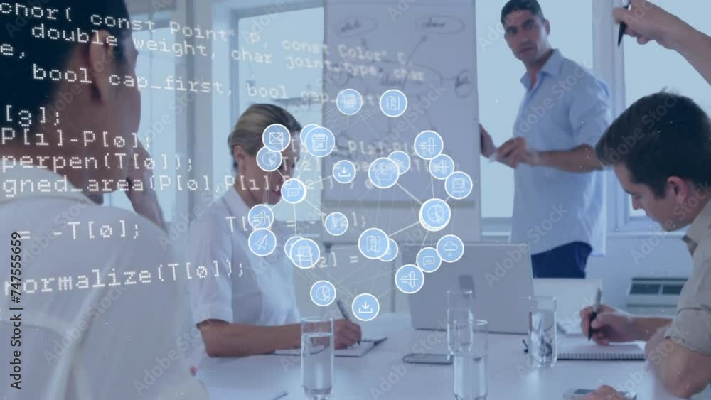Aufkleber animation of media icons and data processing over diverse colleagues discussing work at meeting