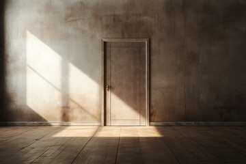 A door in an empty room with a shabby wall and floor. Generated by artificial intelligence