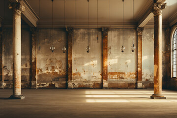 Fototapeta premium Old antique building with high columns, view from the inside. Generated by artificial intelligence