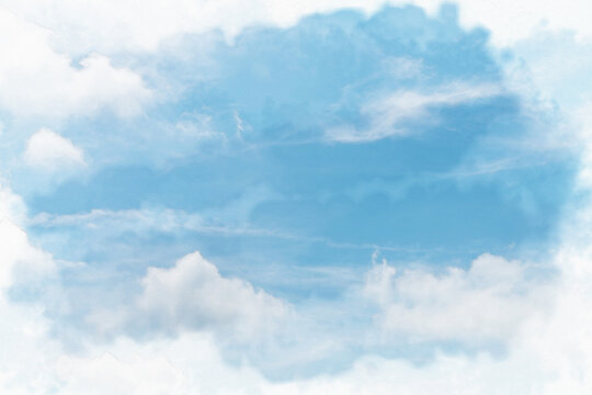 White cloud and blue sky background  ,watercolor digital painting style