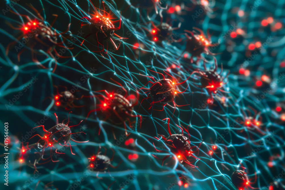 Poster a computer generated image of a spider web with red lights