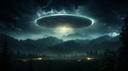 Obraz premium UFO, an alien saucer hovering above the field in the clouds