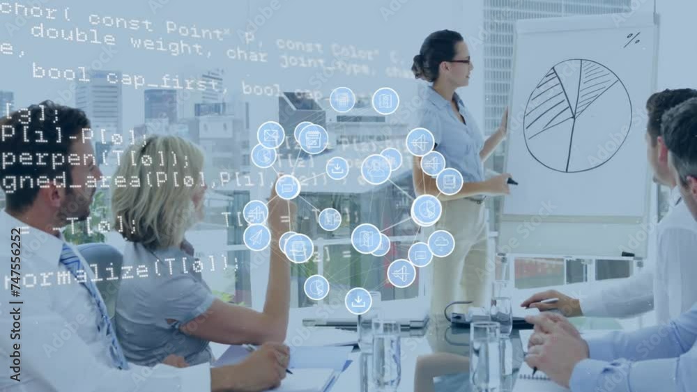 Aufkleber animation of media icons and data processing over diverse colleagues discussing work at meeting
