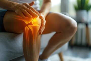 Man suffering from knee pain at home, closeup - obrazy, fototapety, plakaty