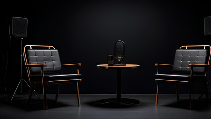 Interior view of a podcast setup with two chairs and a mic on a black background