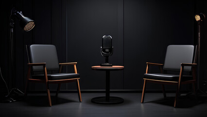 Interior view of a podcast setup with two chairs and a mic on a black background