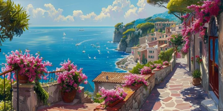 Fototapeta oil painting depicting italian villas and flowers on the streets Generative AI