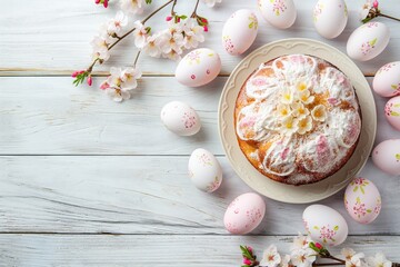 Obraz na płótnie Canvas Springtime traditional homemade Easter cake, surrounded by painted Easter eggs and blooming cherry blossoms