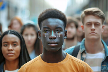 A group of people are standing in a line and one of them has a green light on his face