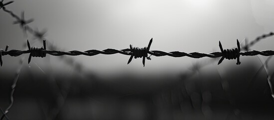 A striking black and white photo showcasing an intriguing array of vertical barbed wires. - obrazy, fototapety, plakaty