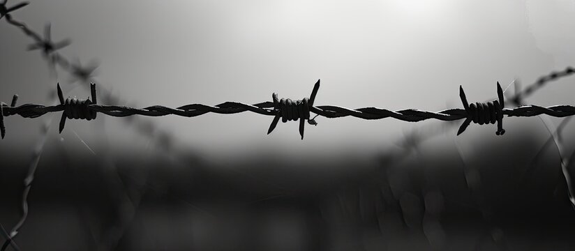 A striking black and white photo showcasing an intriguing array of vertical barbed wires.