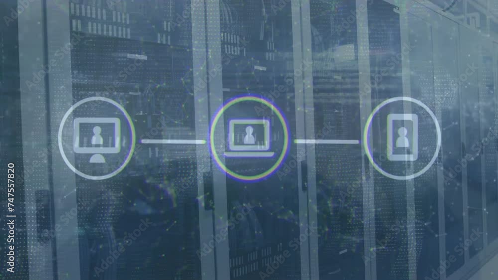 Poster animation of media icons and data processing over server room