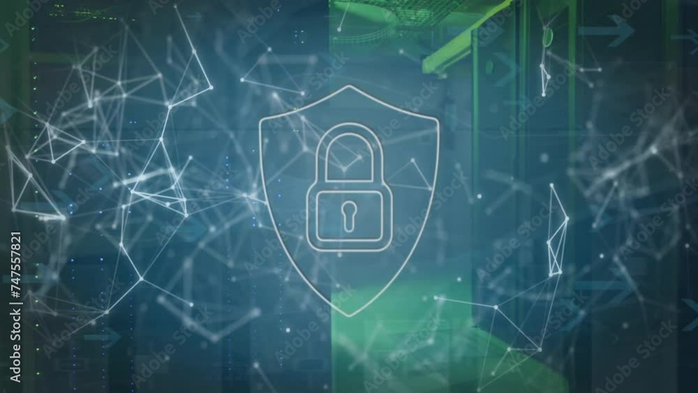 Poster animation of shapes and padlock with shield over server room