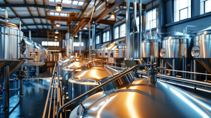 Beer brewing production, Brewery with large containers for brewing beer. - obrazy, fototapety, plakaty