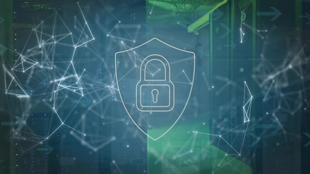 Animation of shapes and padlock with shield over server room