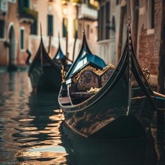 Venetian Gondolas on Serene Water at Sunset - obrazy, fototapety, plakaty