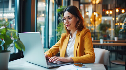 Fototapeta premium Focused business young woman in a bright jacket typing on a laptop in a modern cafe. Work online, modern business