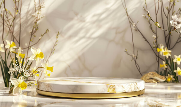 elegant round marble and gold podium surrounded by 
daffodiles  spring flowers for product presentation