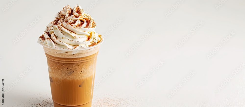 Poster a white background showcases a frappe cup filled with a steaming cup of coffee topped with a generou