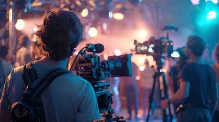 A Teamwork film crew working together on a movie set, blurred background