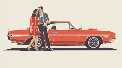 copy space, simple vector illustration, couple dressed in 70's style posing before a vintage 1970’s car. Illustration for T-shirt or other clothing. Vintage transportation theme.