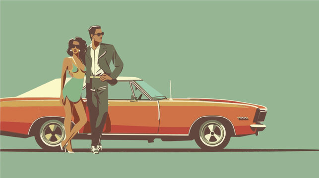 copy space, simple vector illustration, couple dressed in 70's style posing before a vintage 1970’s car. Illustration for T-shirt or other clothing. Vintage transportation theme.