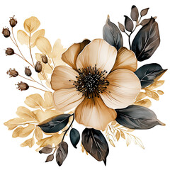 White flower with leaves transparent isolated clipart illustration
