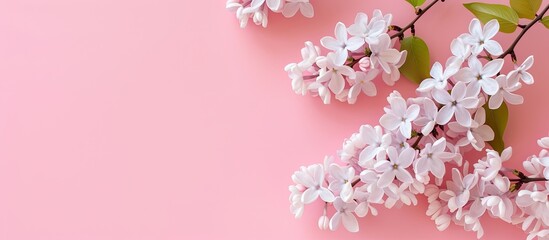 A branch of lilac flowers stands out against a pink background, providing a serene and delicate aesthetic.