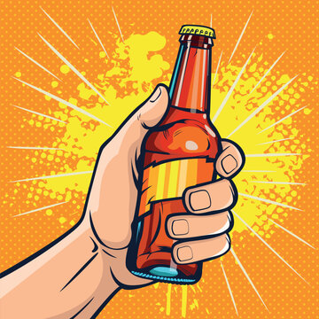 Glass bottle with drink in hand. Fast food vector illustration in pop art retro comic style