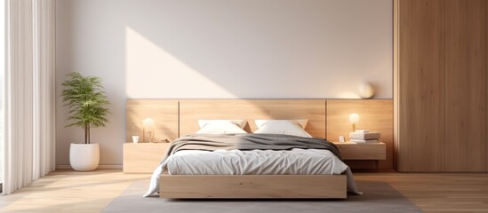 A wooden double bed sits in a bedroom next to a window, with a spacious interior featuring a large wardrobe and wooden floor, showcasing a minimalist and simple home design.