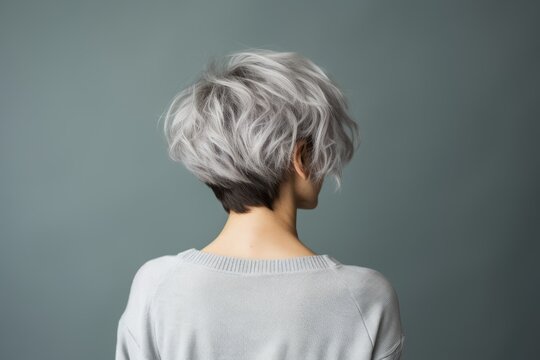 Rear view of a girl with short haircut gray hair, care and hair care concept