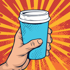Hand holding a paper cup of coffee. Fast food vector illustration in pop art retro comic style.