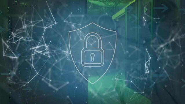Animation of shapes and padlock with shield over server room