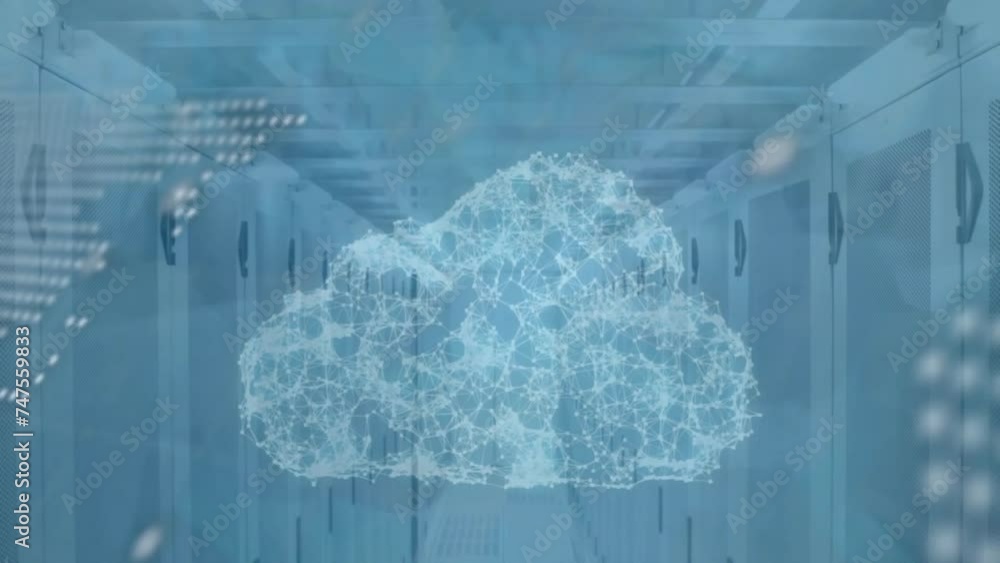 Poster animation of data processing with cloud and world map over server room