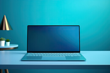 A laptop on on a blue table. Generated by artificial intelligence