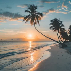 Tuinposter Beautiful sunrise over the sea on the beach with a beautiful large and long sandy beach with palm trees © Marietimo