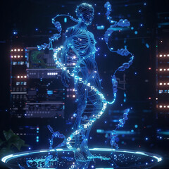 A conceptual digital representation of a virtual digital human body structure with DNA strands in a futuristic technological background.