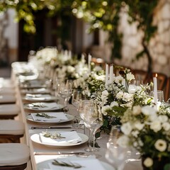 A long table set with beautiful white dishes and floral decorations for an outdoor wedding at sunset