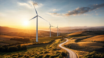 Renewable energy concept with wind turbines in a golden sunset landscape dominating the scene