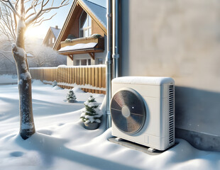 Pompa ciepła przy domu jednorodzinnym zimą - obrazy, fototapety, plakaty