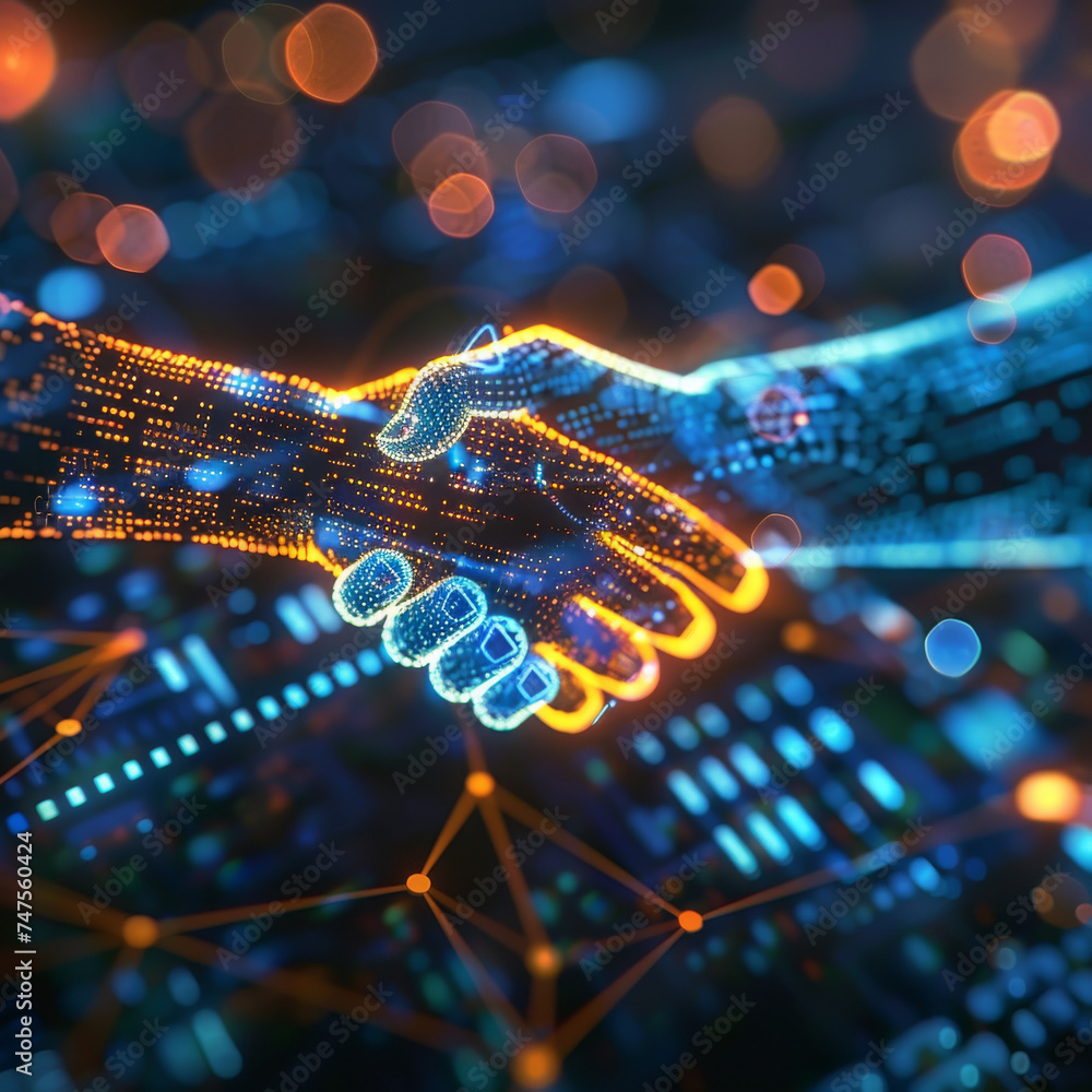 Poster a handshake between two glowing hands with numbers on them